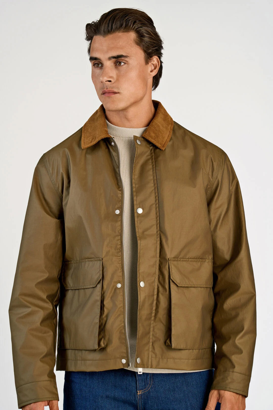Mens- Short Wax Water Repellent Jacket Dark Army