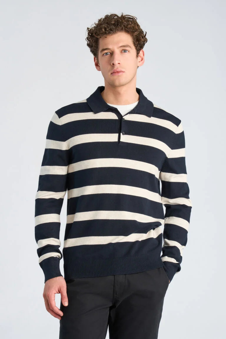 800144C - Mens Eco Vero Striped Polo Knit Navy