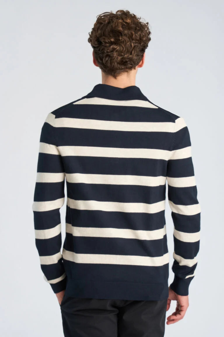 800144C - Mens Eco Vero Striped Polo Knit Navy
