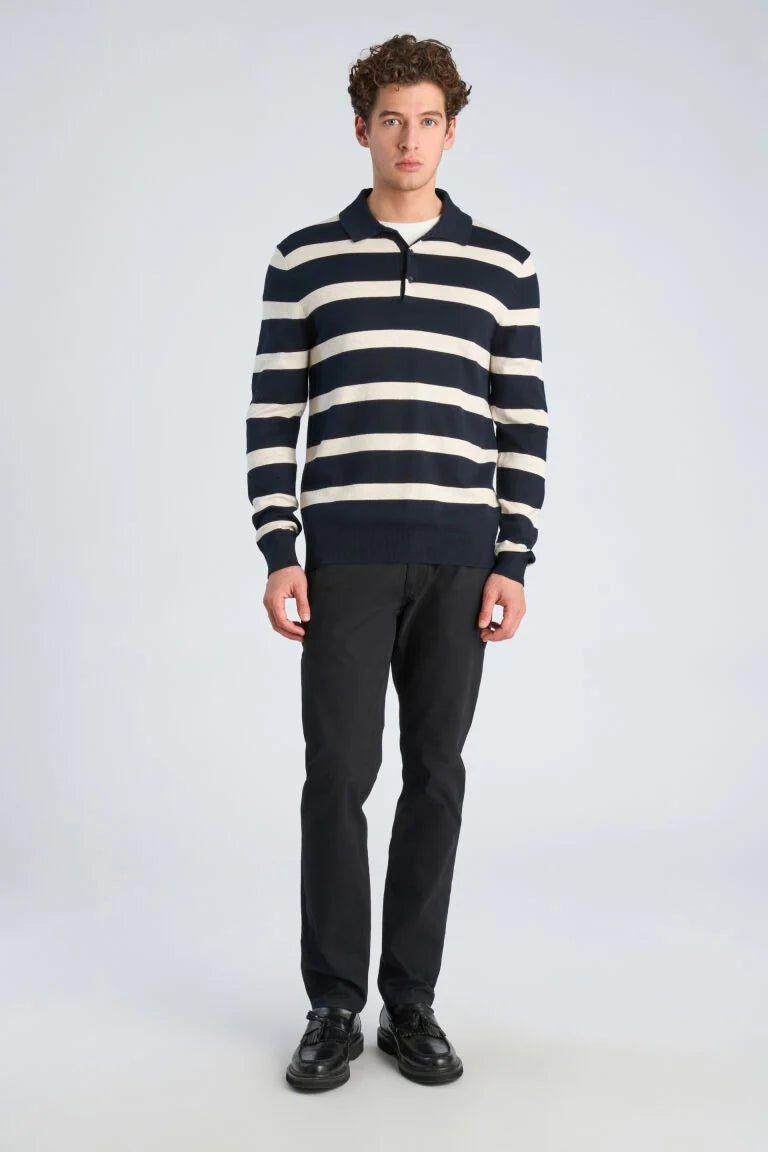 800144C - Mens Eco Vero Striped Polo Knit Navy