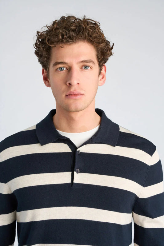 800144C - Mens Eco Vero Striped Polo Knit Navy