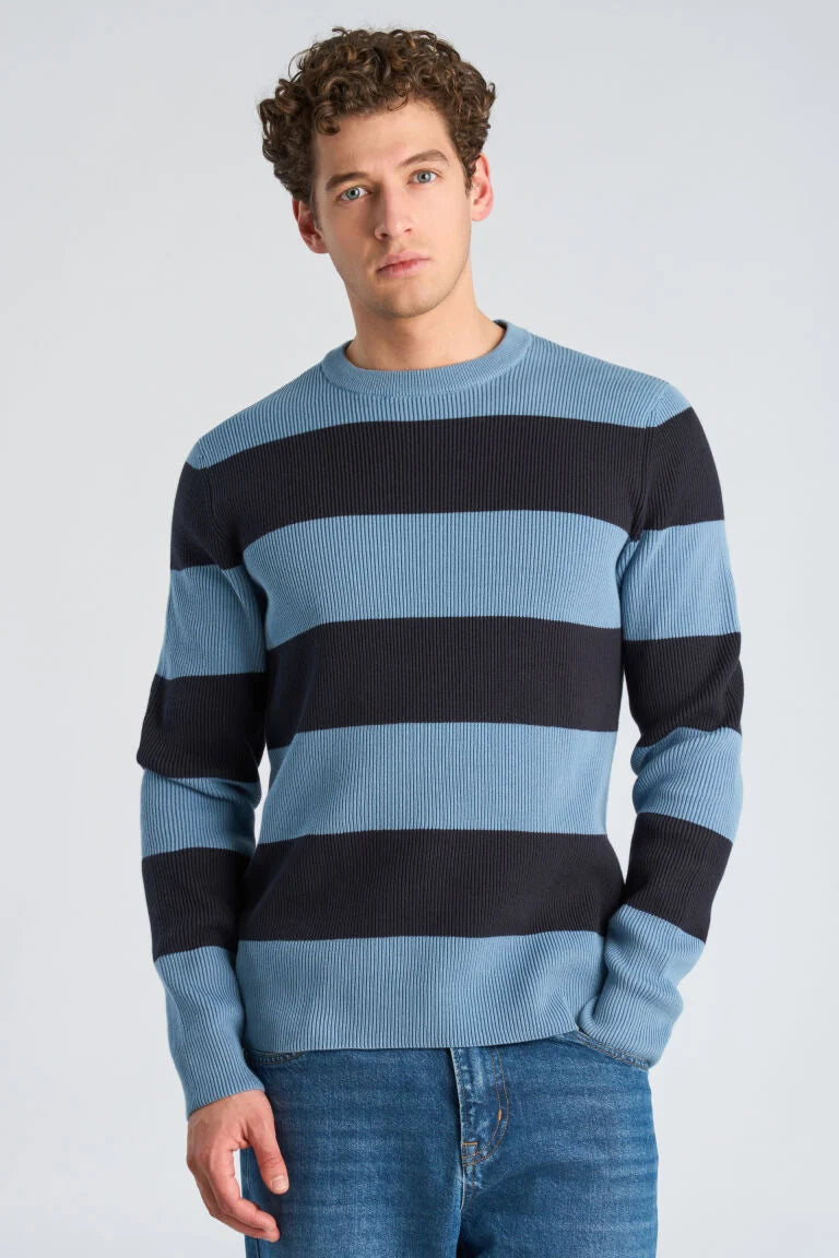 Mens - Crew Neck Striped Cotton Mix Jumper Mid Blue (804036)