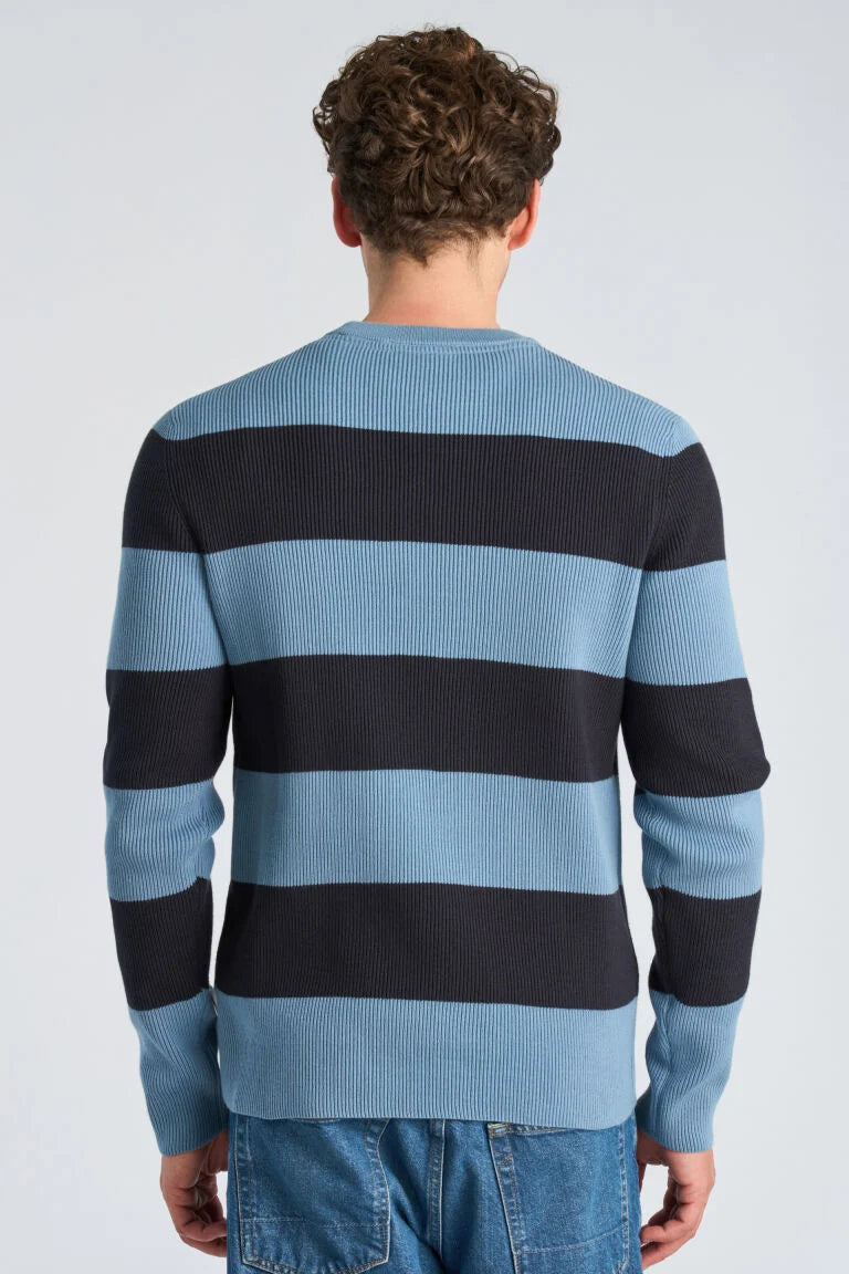 Mens - Crew Neck Striped Cotton Mix Jumper Mid Blue (804036)