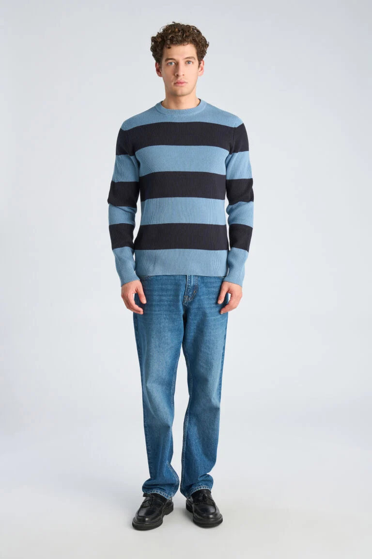 Mens - Crew Neck Striped Cotton Mix Jumper Mid Blue (804036)