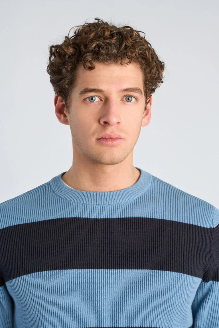 Mens - Crew Neck Striped Cotton Mix Jumper Mid Blue (804036)