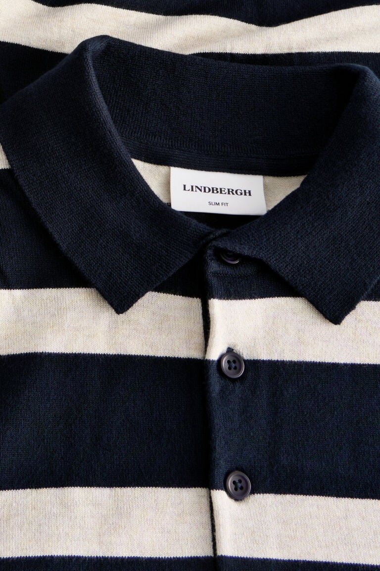 800144C - Mens Eco Vero Striped Polo Knit Navy