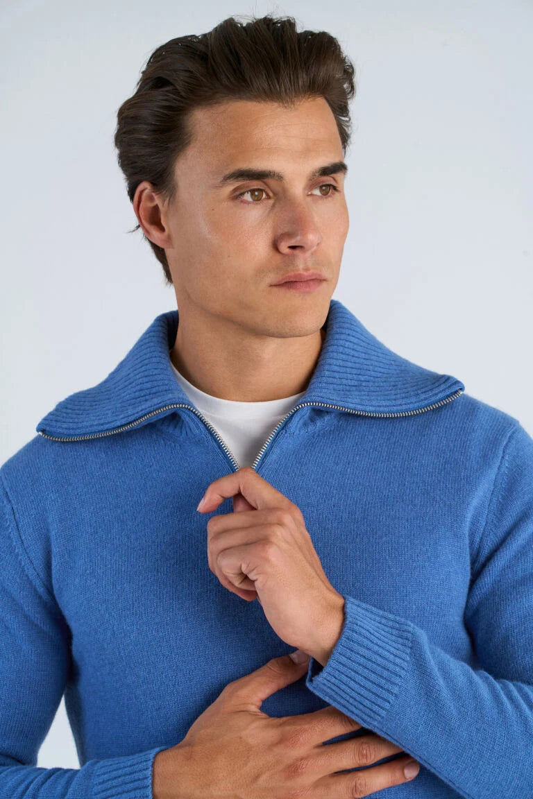 Mens - Lambswool Jumper with Zip Skye Blue (800233)
