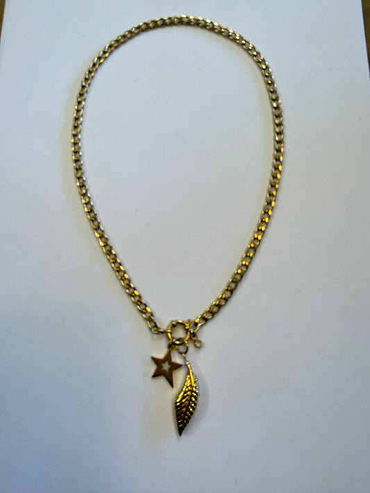 Raf & Grace 2 Charm Star & Feather Necklace Gold