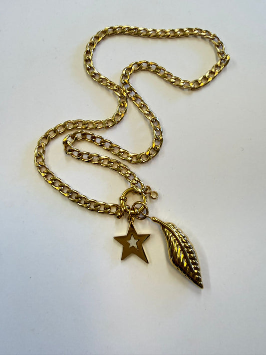 Raf & Grace 2 Charm Star & Feather Necklace Gold