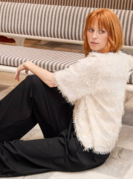 BCFitz Sequin and Fringes V-Neck Blouse Off White