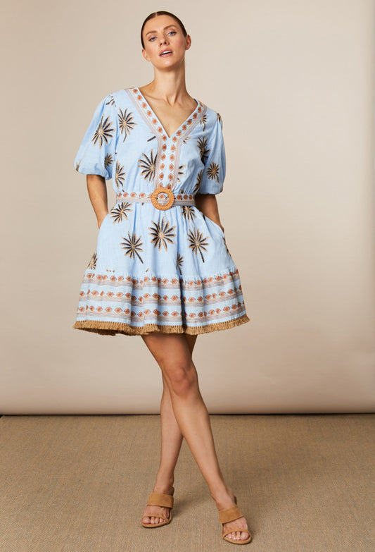 Embroidered Palm Dress with Tassel Trims Light Blue