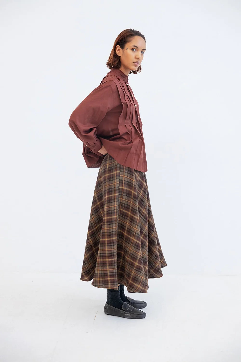 Mary Checked Skirt Army Brown