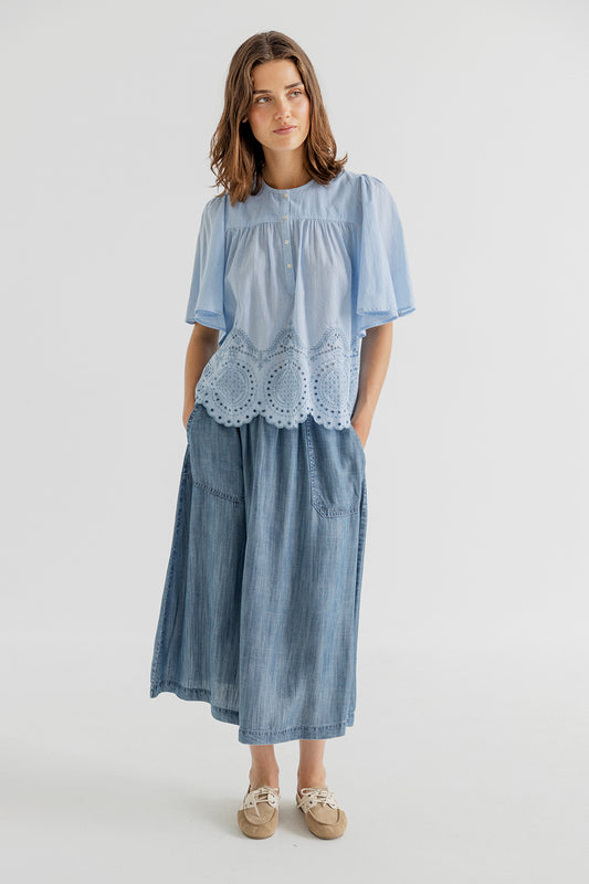 Cleo Cotton Striped Blouse with Embrodery Sky