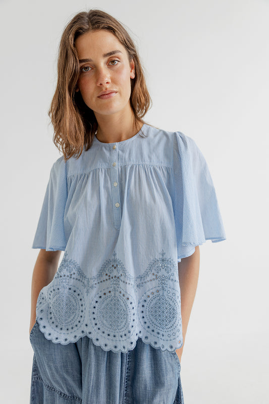 Cleo Cotton Striped Blouse with Embrodery Sky