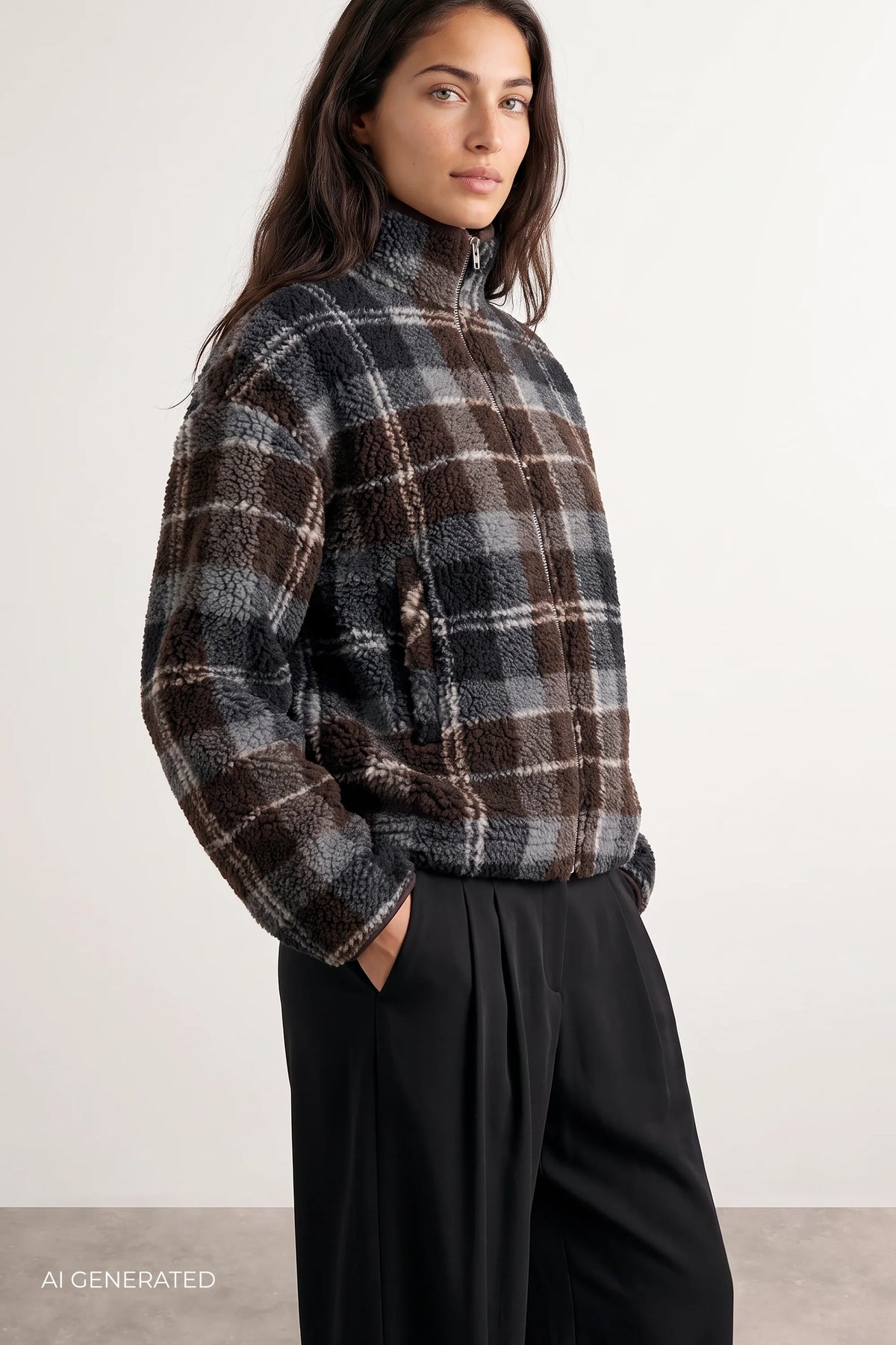 LR-Tass Checked Fleece Jacket Brown/Navy