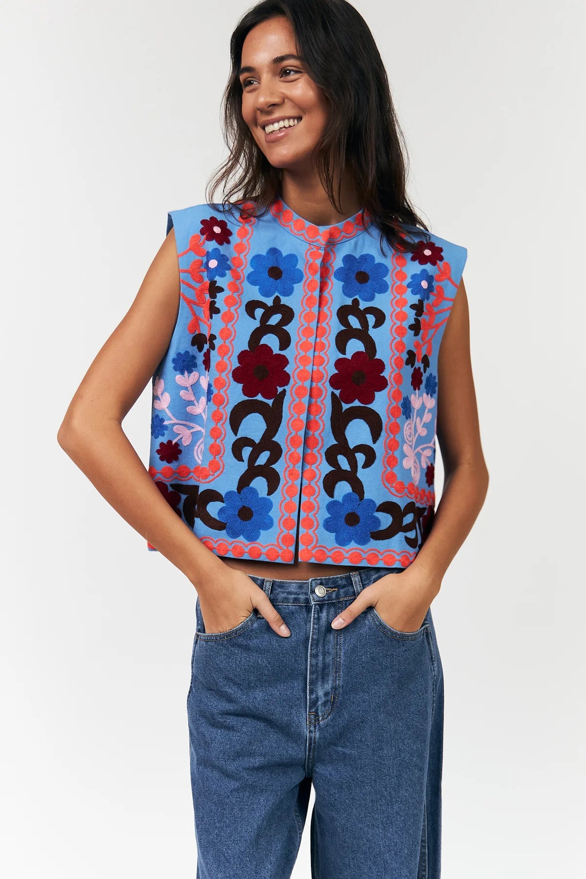 BinLL Embroidered Artistic Statement Vest Blue