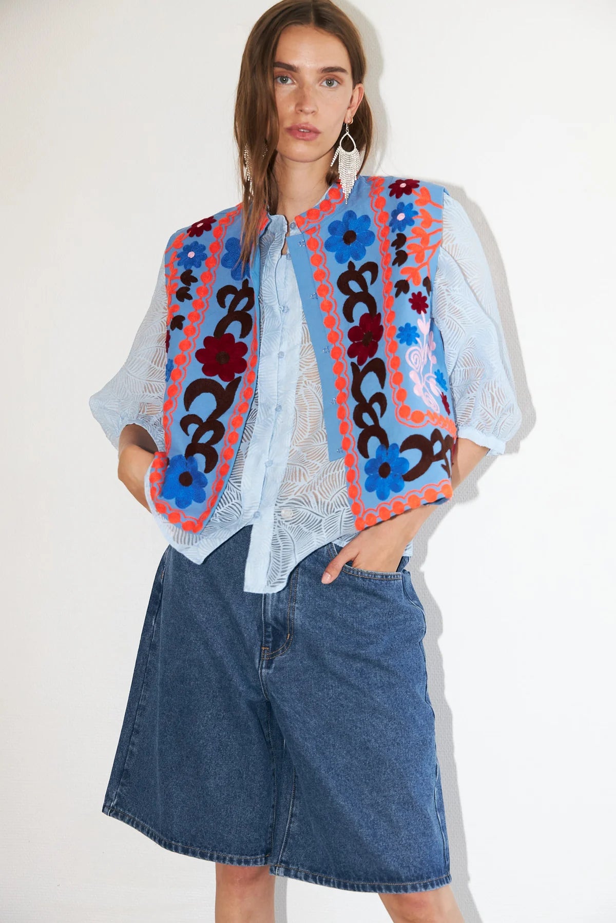 BinLL Embroidered Artistic Statement Vest Blue