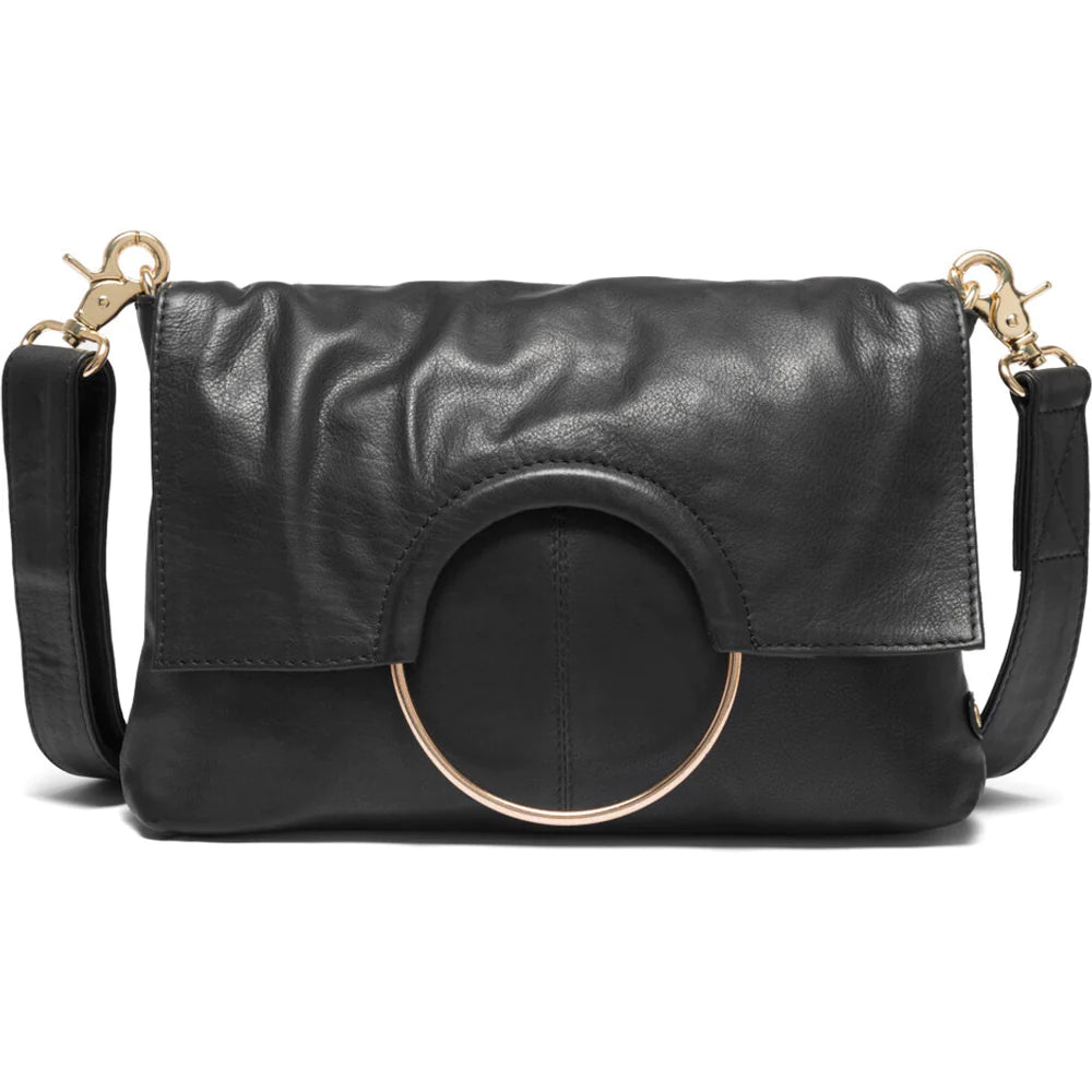 Crossbody Leather Bag Decorated With Metal Loop - Black