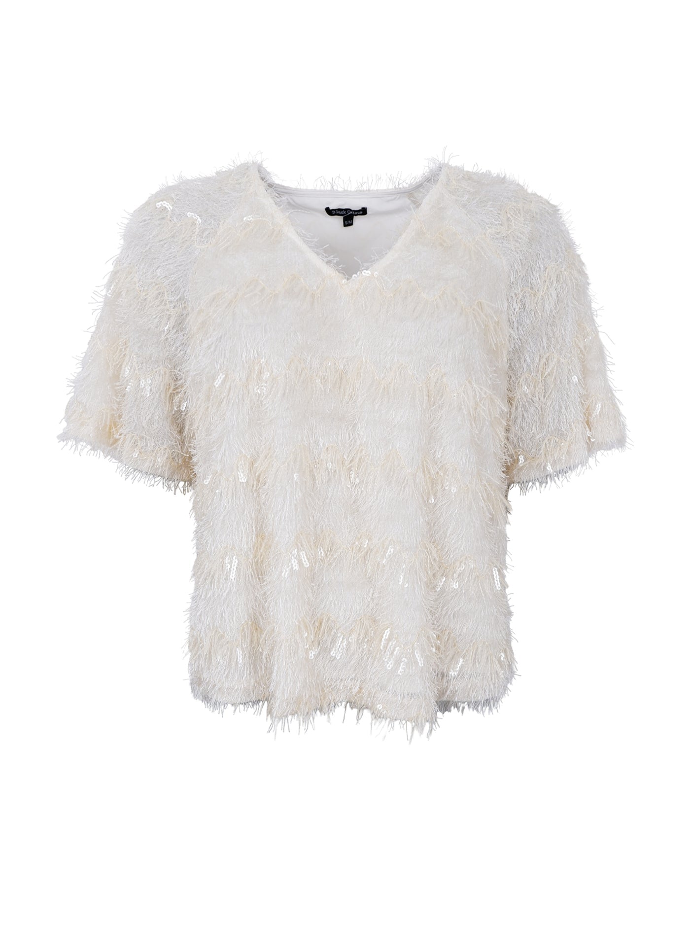 BCFitz Sequin and Fringes V-Neck Blouse Off White