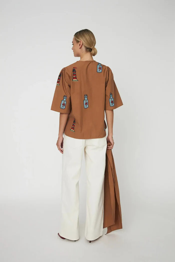Embroidered Bow Shirt Brown