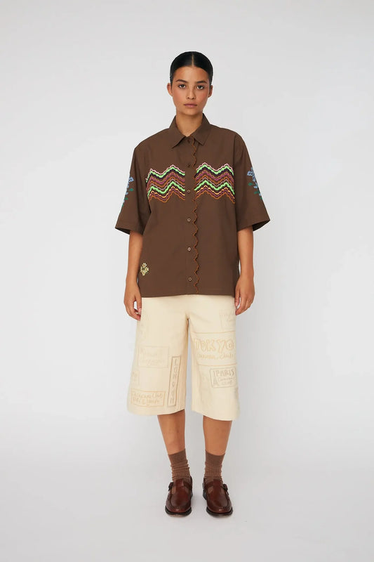 Embroidered Short Sleeved Shirt Brown