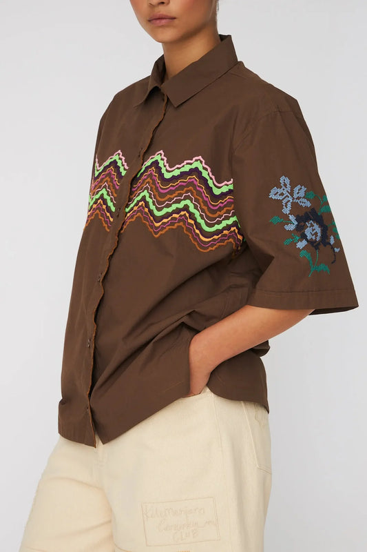 Embroidered Short Sleeved Shirt Brown