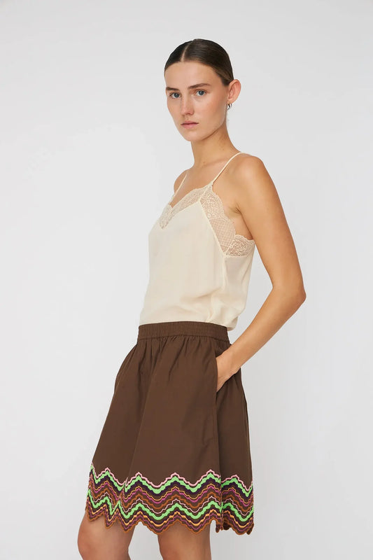 Embroidered Short Skirt Brown