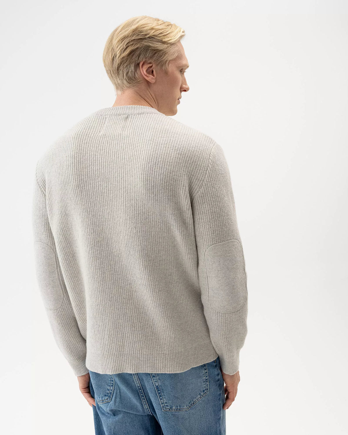 Mens - Harry Crew Neck With Elbow Patches Light Grey Melange