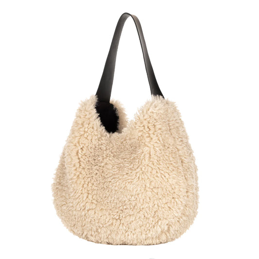 Faux Sheepskin Slouch Bag - Cream/Taupe
