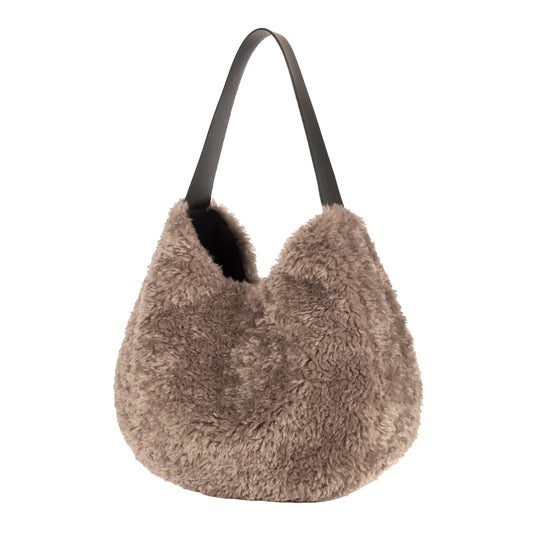 Faux Sheepskin Slouch Bag - Cream/Taupe
