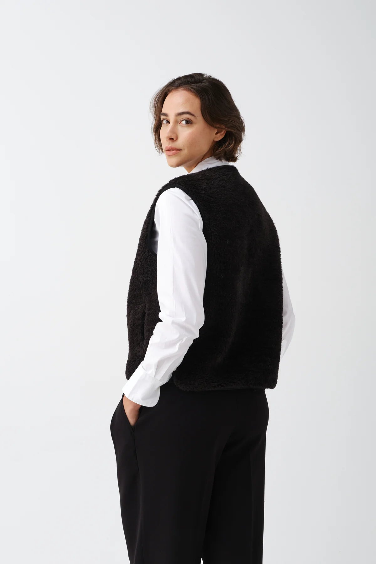 Faux Sheepskin Sport Gilet - Black/Ecru