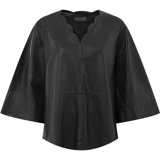 Leather Blouse with Scollop V-Neck Black