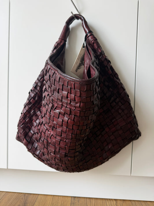 Atena - Italian Leather Woven Shoulder Bag  Wine