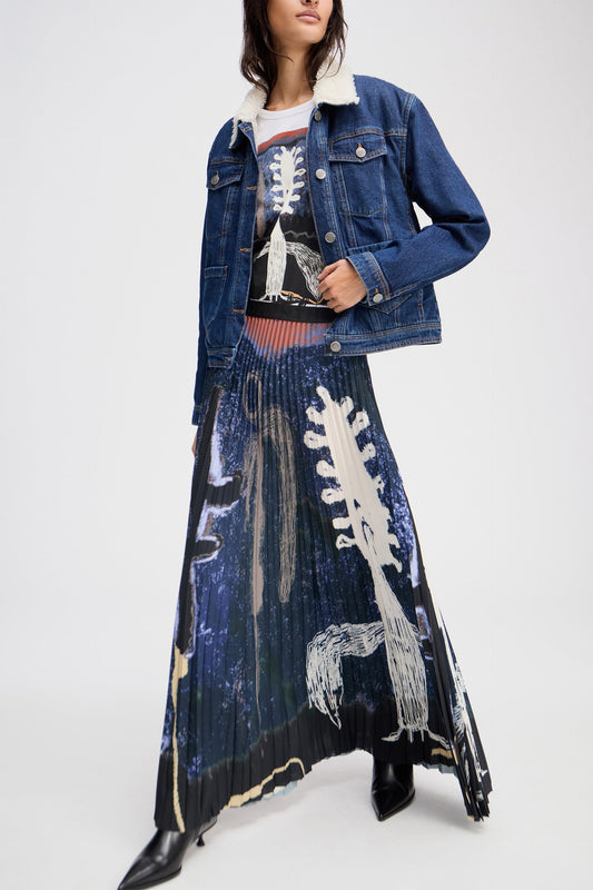 Taulla  Printed Pleated Skirt Navy