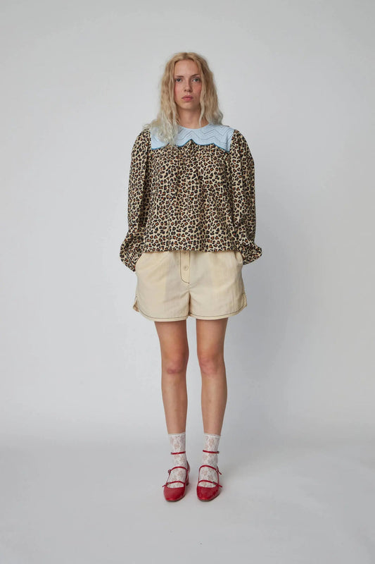 Leopard Blouse with Embroidery Leopard/Light Blue