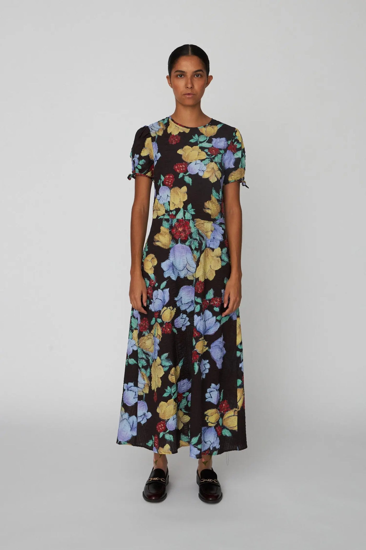 Flowered Cotton MIDI Dress Dark Flowers