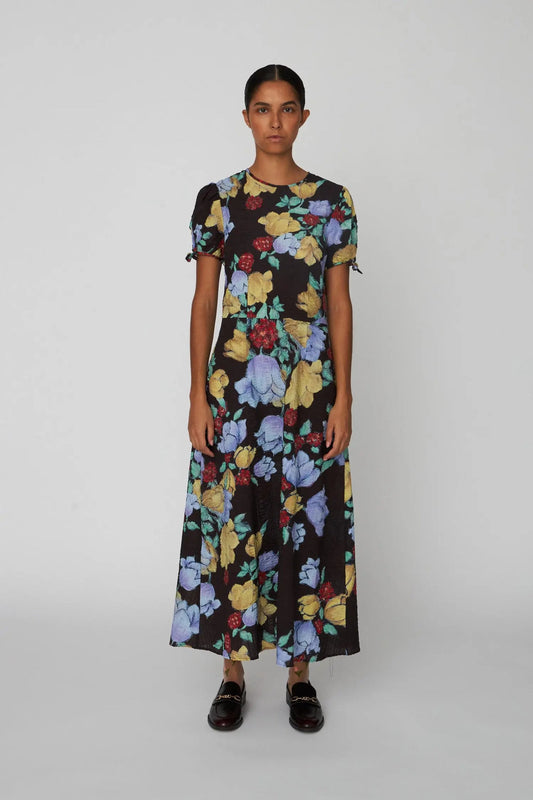 Flowered Cotton MIDI Dress Dark Flowers