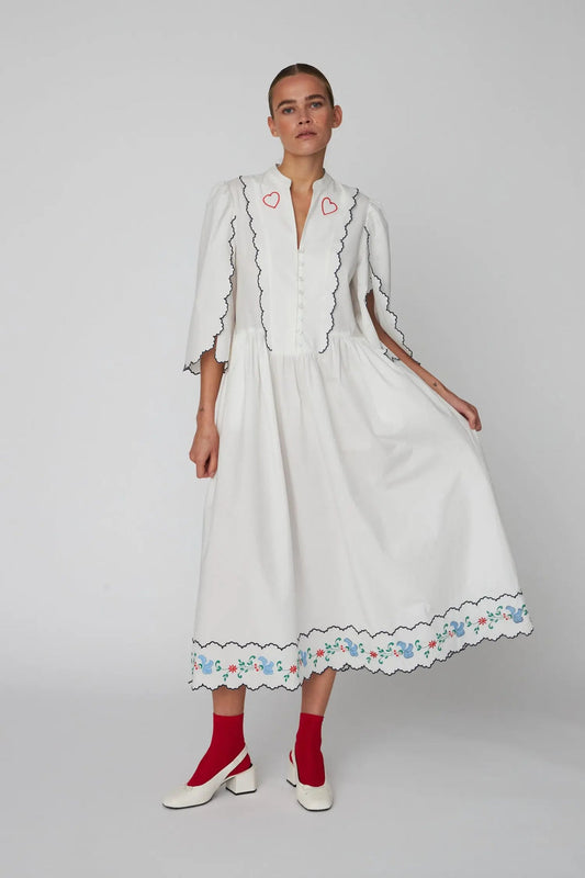 Coloured Embroidered Loose Dress Off White