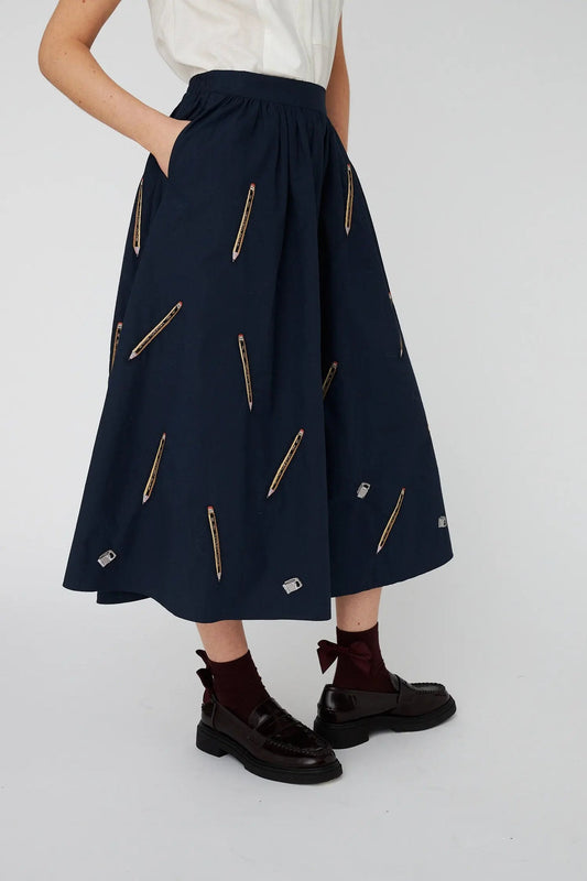 Embroidered Cotton Midi Skirt Navy