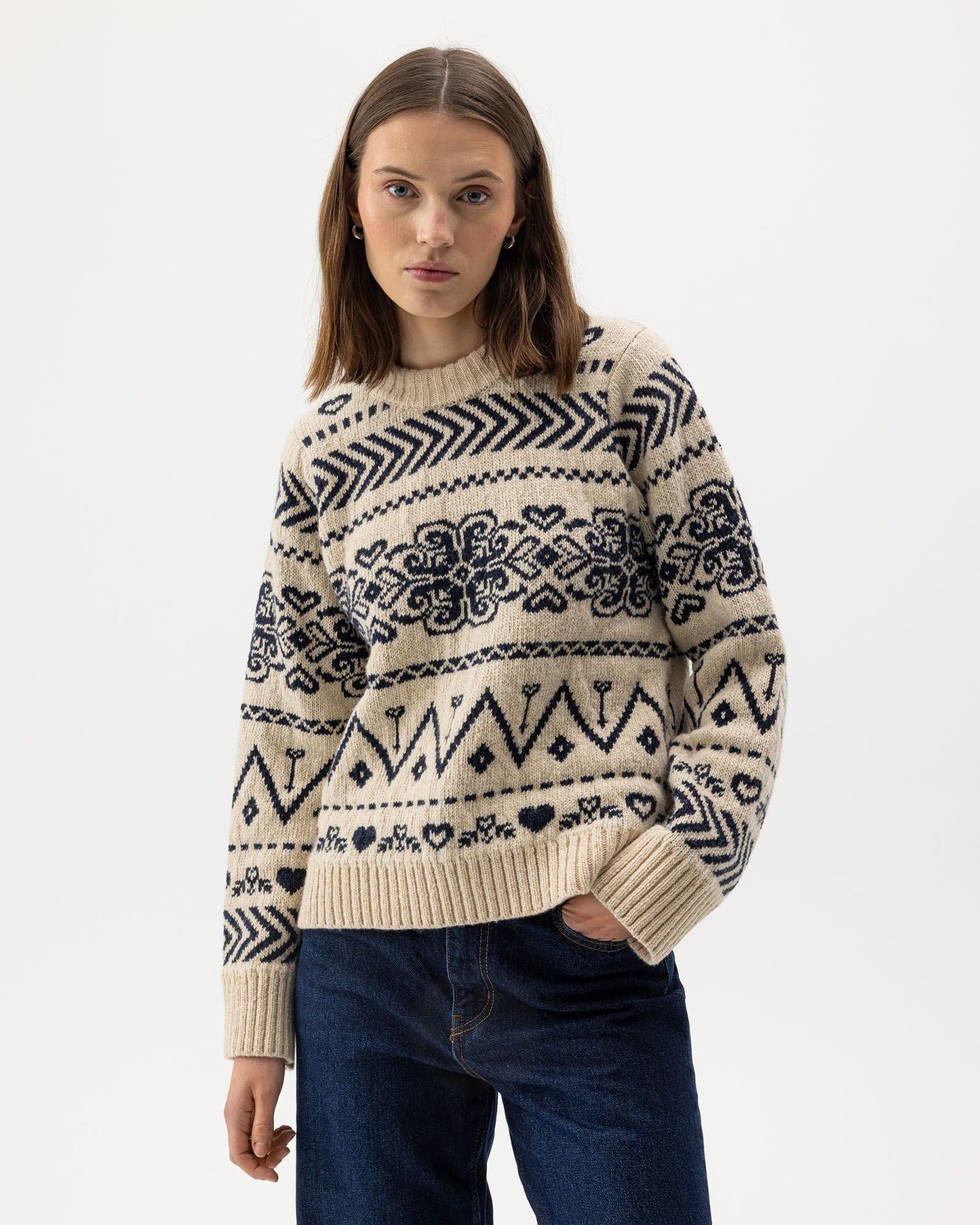 Magda Traditional Pattern Crewneck Jumper Sand/Navy