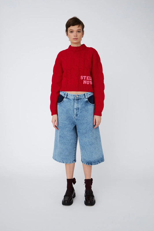 Cropped Cable Knit in Wool Mix Deep Red