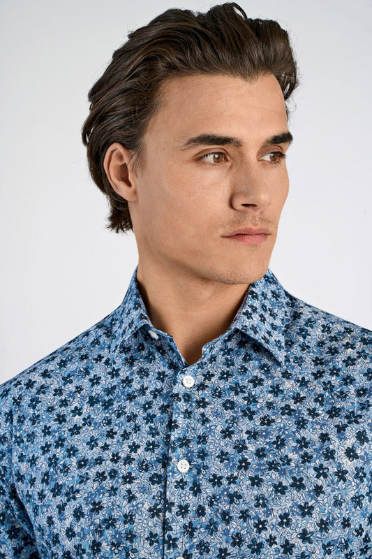 Mens - Floral Shirt Blue