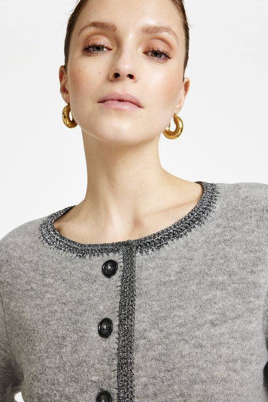 Ines Knitted Cardigan with Metallic Edge Grey