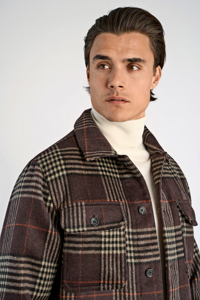 Mens - Wool Blend Checked Overshirt Dark Burgundy