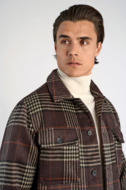 Mens - Wool Blend Checked Overshirt Dark Burgundy