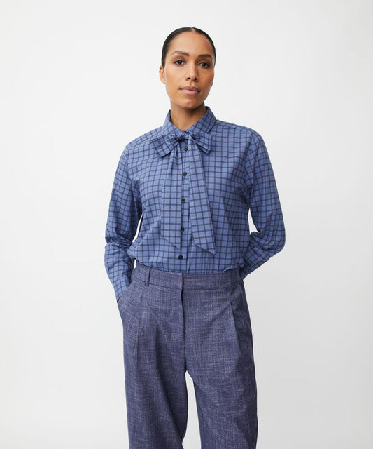 MaInoria Cotton Check Pussy Bow Shirt Blue