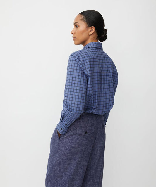 MaInoria Cotton Check Pussy Bow Shirt Blue