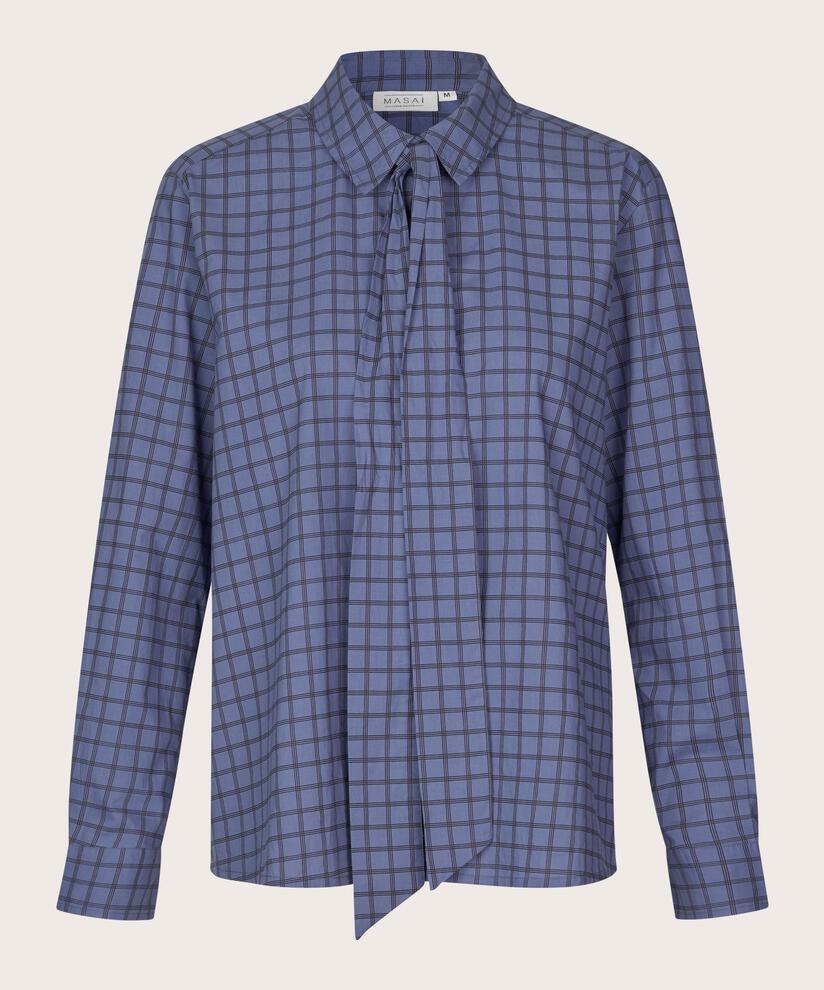 MaInoria Cotton Check Pussy Bow Shirt Blue