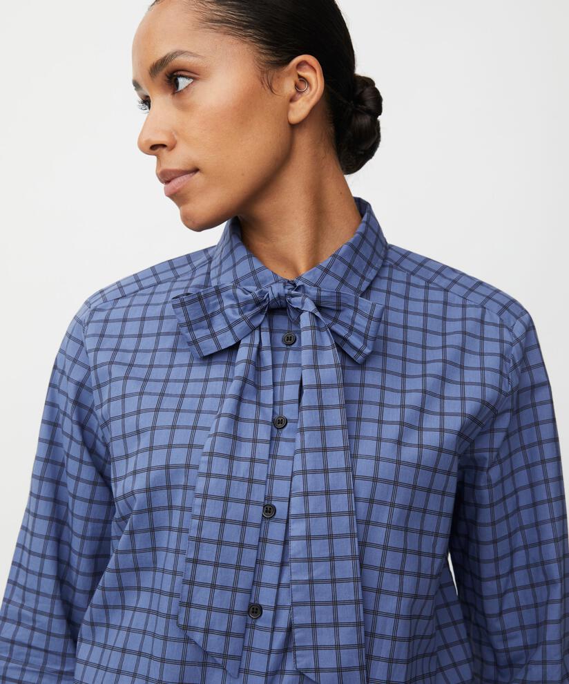 MaInoria Cotton Check Pussy Bow Shirt Blue