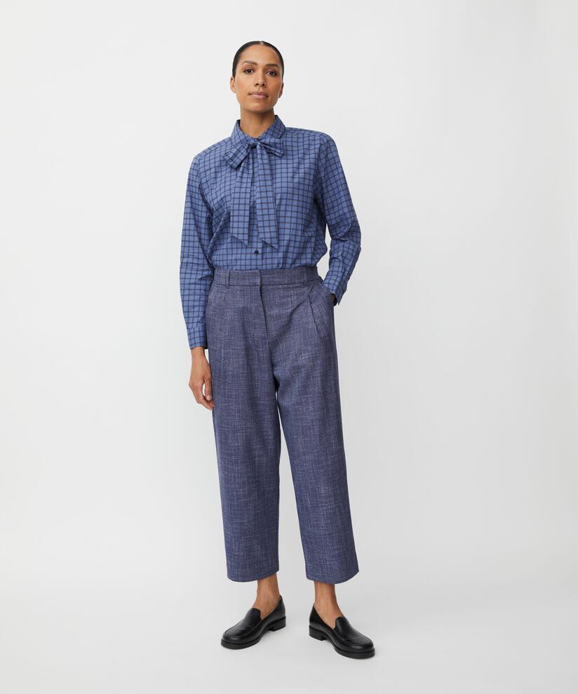 MaInoria Cotton Check Pussy Bow Shirt Blue